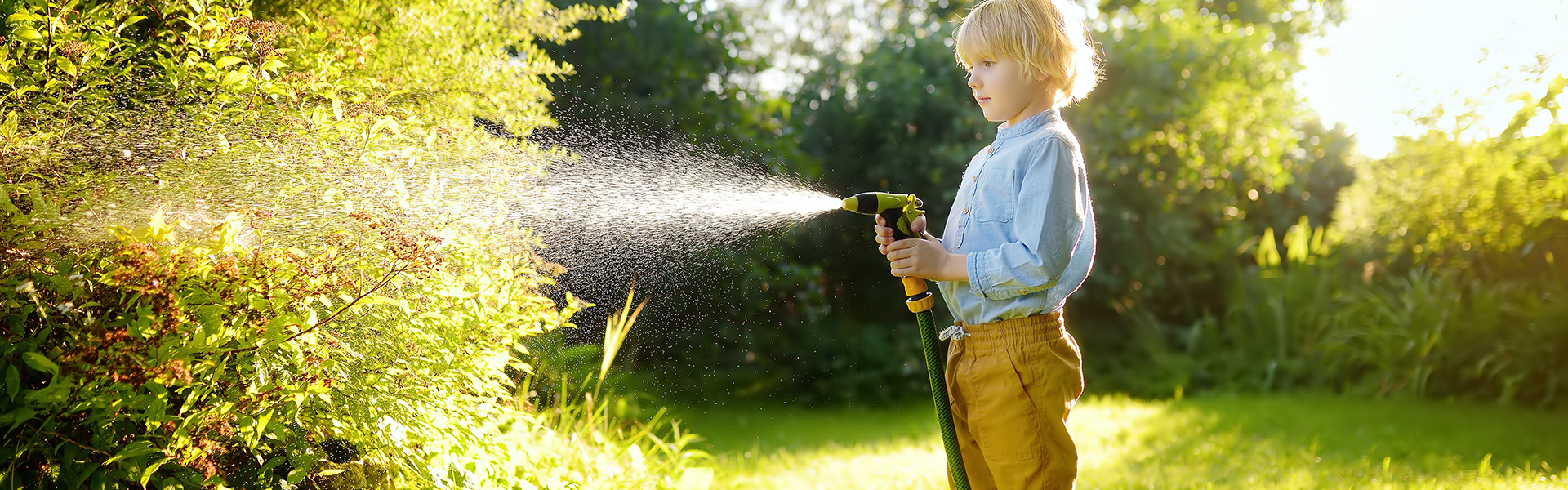 Little boy watering plants